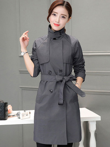 Charmant manteau d'hiver femme synthétique gris foncé unicolore avec poches ouverture avant col roul