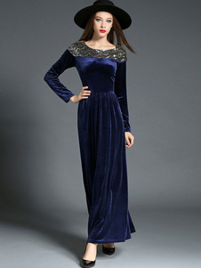 Robe Maxi velours femmes bleu foncé manches longues Sequins col rond Slim Fit robe longue