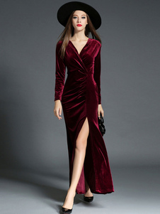 Bourgogne robe Maxi Vintage velours col en v manches longues plissé Split robe longue