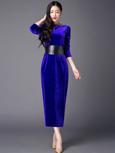 Robe longue en velours de soie unicolore convenable avec ceinture col bateau