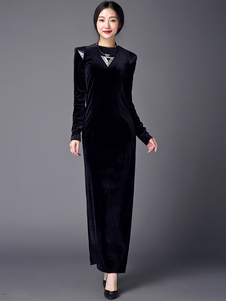 Robe Maxi noire manches longues Slim Fit fente longue robe de velours avec un rembourrage d’épaule