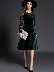 Skater robe velours manches longues deux ton Slim Fit Flare robe en dentelle des femmes