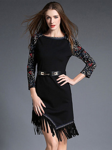 Robe bodycon en suédé noir col rond impression avec frange irrégulier