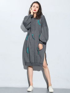 Coton genou longueur robe en noir/gris oversize Sweatshirt robe plumes côté fente féminine