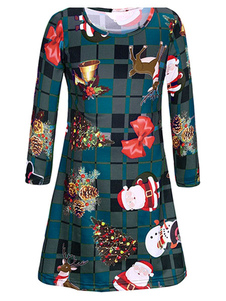 Séduisante robe skater casual en polyester vert motif de noël convenable col rond