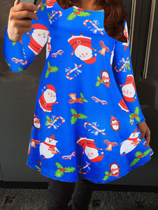 Éblouissante robe skater casual en polyester bleu impression convenable col rond