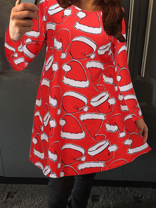 Fascinante robe skater casual en polyester Magenta impression convenable col rond