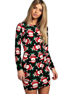 Robe bodycon en polyester noir col rond motif de noël convenable