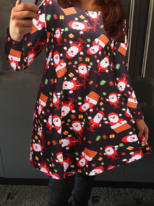 Belle robe skater casual en polyester noir motif de noël convenable col rond