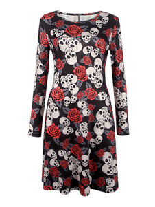 Attrayante robe skater casual en polyester noir Crâne convenable col rond