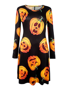 Magnifique robe skater casual en polyester noir impression convenable col rond