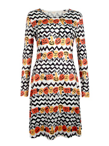 Magnétique robe skater casual en polyester blanc motif de noël convenable col rond