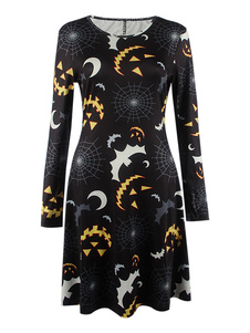 Séduisante robe skater casual en polyester noir impression convenable col rond