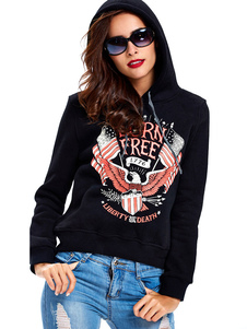 Sweater de sport en coton mélangé noir unicolore imprimé fleuri à capuche manches casaque