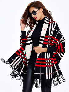 Attrayant cardigan gris écossais avec frange col à revers ouverture avant manches longues