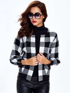 Cardigan féminin rouge écossais col rond manches longues