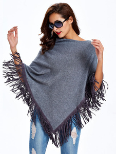 Franges irrégulières Design tricot Poncho Poncho gris pull féminin