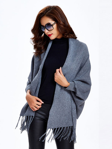Cardigan populaire gris unicolore avec frange ouverture avant manches longues