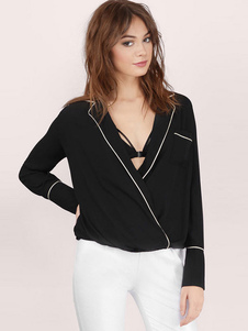 Blouse casual en polyester noir bicolore vêtements journaliers