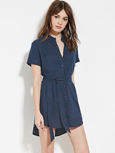 Fantastique mini robe en coton unicolore vêtements journaliers avec poches col à revers