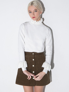 Adorable pull féminin doux blanc unicolore plissé manches longues