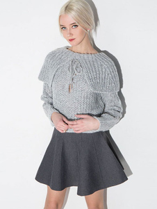 Populaire pull-over féminin casual gris tricoté avec lacets manches longues