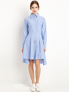 Chic robe skater doux en polyester bleu clair avec rayure coupe asymétrique plissé col à revers