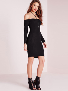 Populaire robe bodycon en polyester noir hors de l'épaule unicolore moulant