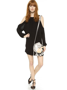 Robe éblouissante droite en polyester noir unicolore plissé col rond