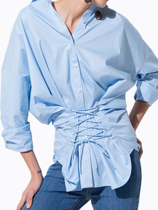 Blouse casual en polyester bleu unicolore avec lacets