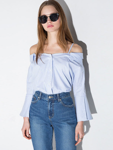 Blouse femme doux en polyester bleu clair avec rayure vêtements journaliers