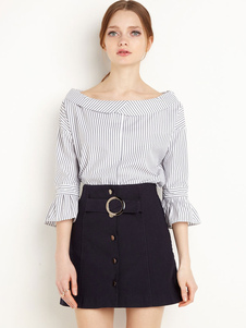 Blouse femme doux en coton blanc avec rayure et plissement vêtements journaliers