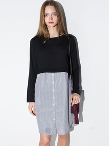 Fascinante robe pull mode noire avec rayure et tricot vêtements journaliers col rond de fête