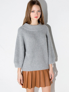 Doux pull pour femme casual gris unicolore avec tricot manches longues