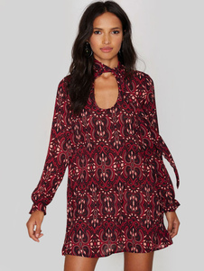 Fantastique robe droite mode en polyester rouge imprimé fleuri vêtements journaliers avec lacets et 