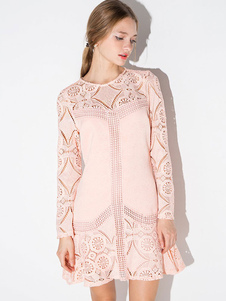 Chic robe skater doux en polyester rose avec dentelle vêtements journaliers creusé col rond