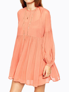 Élégente robe skater doux en polyester rose unicolore vêtements journaliers plissé col rond