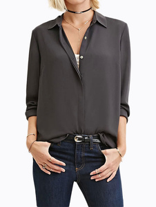 Blouse casual en chiffon gris foncé unicolore avec bouton vêtements journaliers