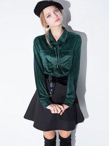 Blouse femme rétro en polyester vert foncé unicolore avec poches vêtements journaliers