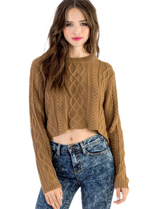 Adorable pull féminin casual Brun unicolore avec tricot vêtements journaliers manches longues