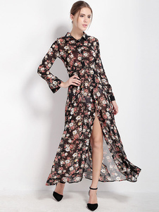 Robe longue noir en polyester imprimé fleuri fendu imprimé fleuri col à revers