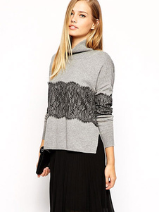 Populaire pull-over féminin gris clair avec dentelle et dentelle vêtements journaliers manches longu