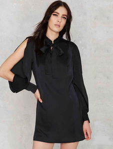 Fantastique robe droite confortable en polyester noir avec noeud détail épaules ouvertes et noeud co