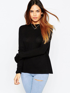 Populaire pull-over féminin confortable blanc unicolore avec tricot à dos décolleté manches longues