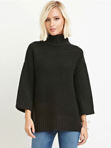 Chic femme pull casual noir unicolore avec tricot manches 3/4