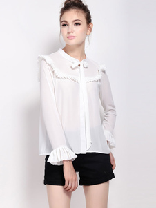 Blouse belle doux en polyester blanc unicolore plissé à demi-transparence