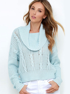 Doux pull pour femme casual bleu tricoté avec tricot manches longues