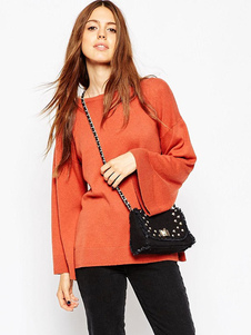 Adorable pull féminin casual Orange rouge unicolore avec tricot manches longues