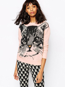 Doux pull pour femme casual rose imprimé animal avec tricot manches longues