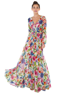 Robe longue rouge en chiffon imprimé fleuri plissé avec lacets col V